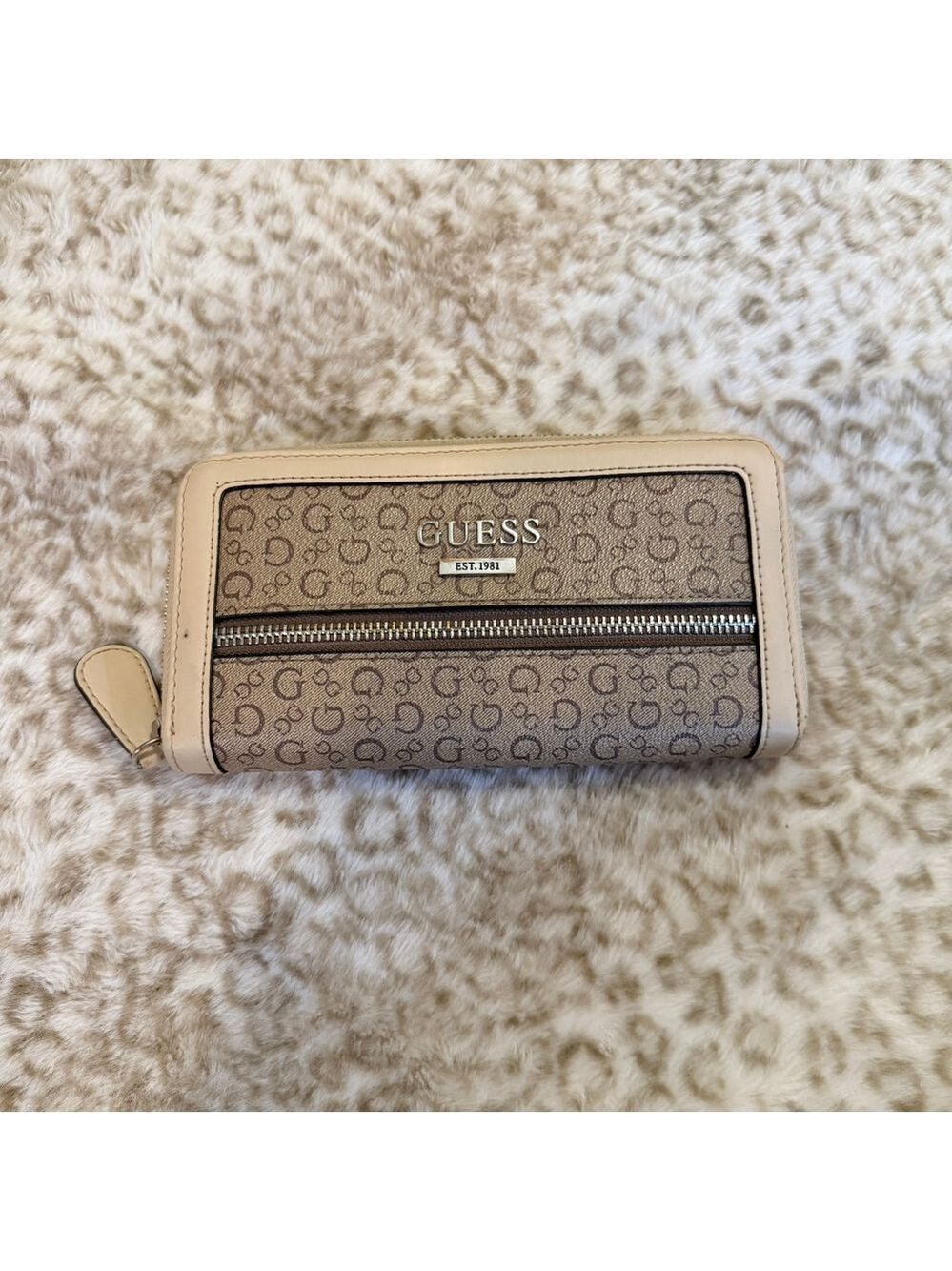 Guess Monogram Zip Around‎ Wallet Tan Brown 4G Logo Print Womens OS Y2K Vibe